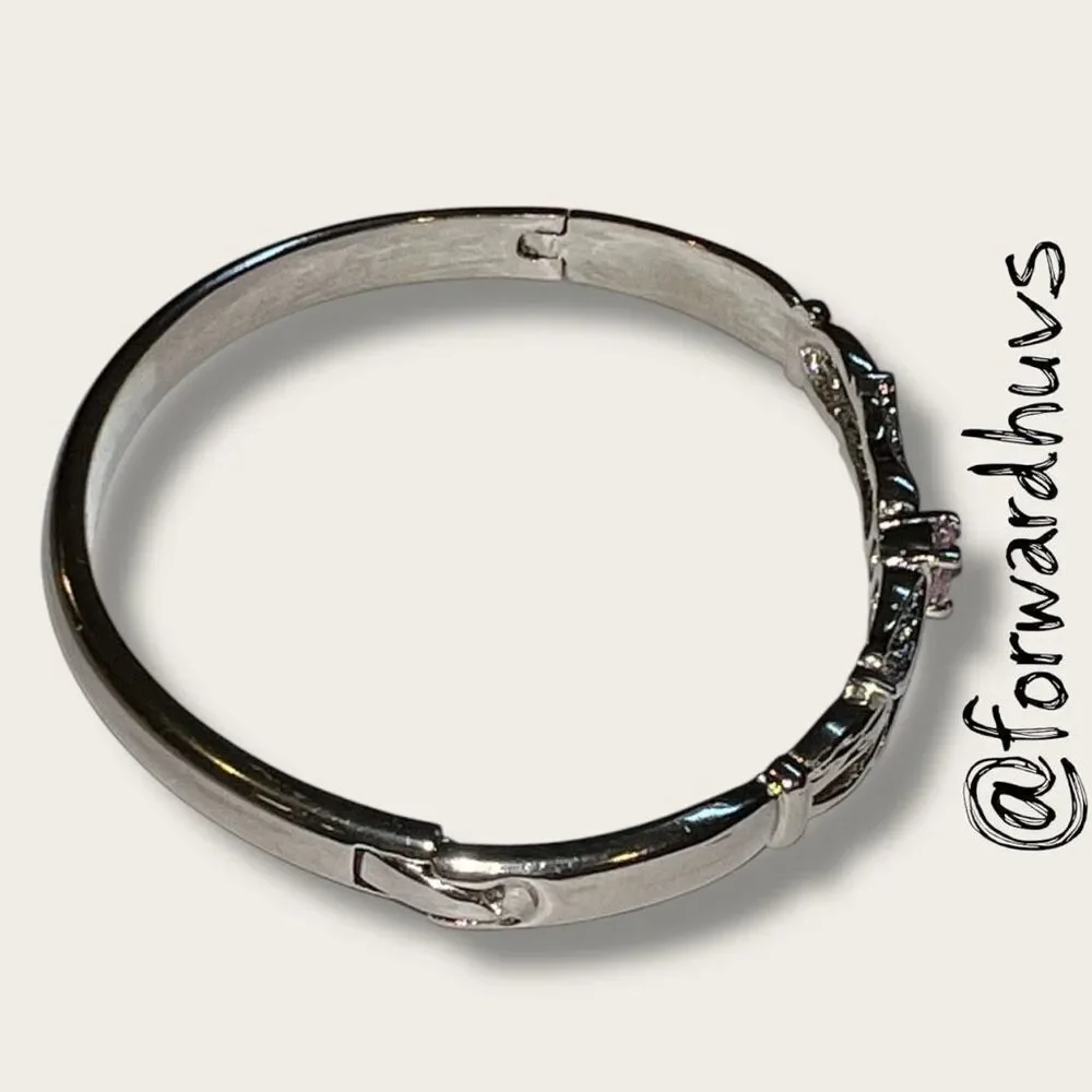 Silver-Plated Hinged Bracelet – Pink Cubic Zirconia - Ornate Center Pattern